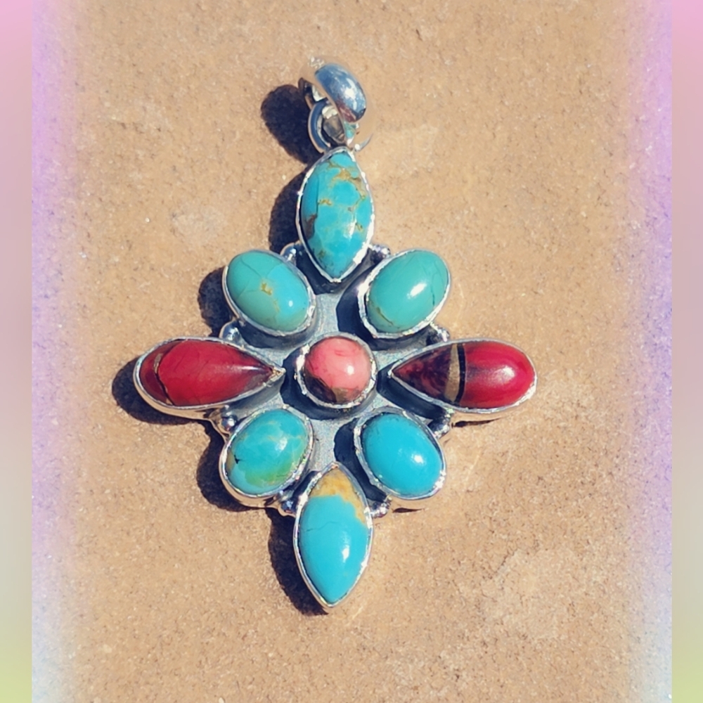 Rose Dahlia & Turquoise Sterling Gemstone Pendant